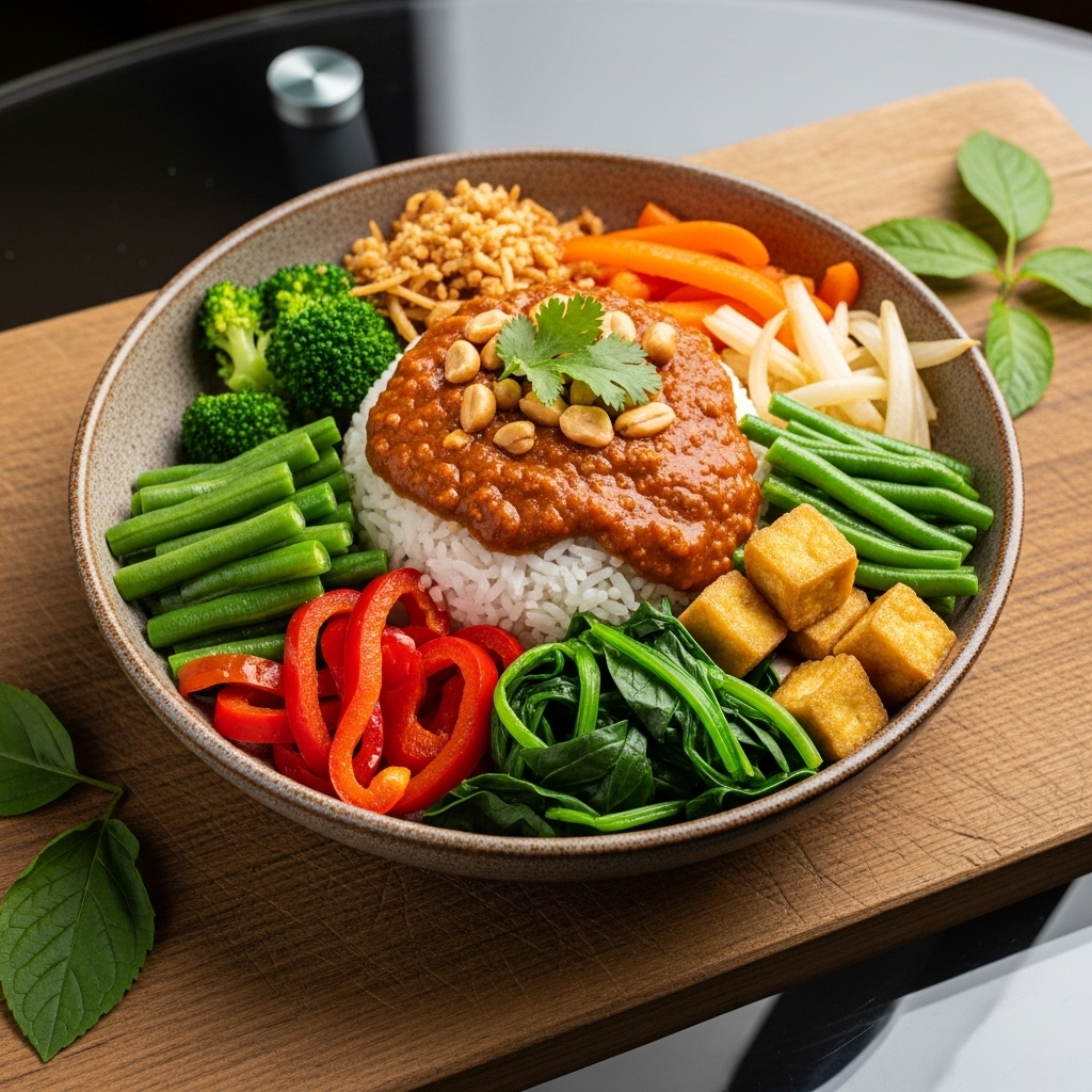 Vegetarian Indonesian Rice Bowl with Spicy Peanut Sauce and Sautéed Vegetables